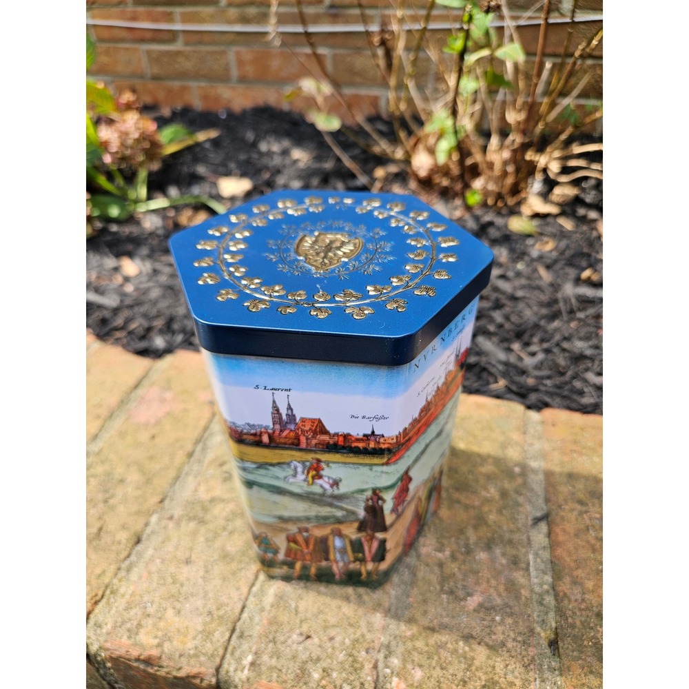 Vtg E. Otto Schmidt Nuremberg Hexagon Tin German Gingerbread Cookie Canister